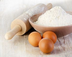 flour on wooden table