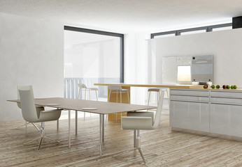 Fototapeta na wymiar Modern white kitchen interior with wooden floor
