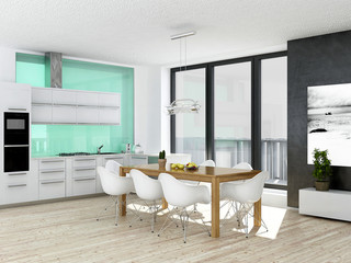 Modern white kitchen interior with wooden floor