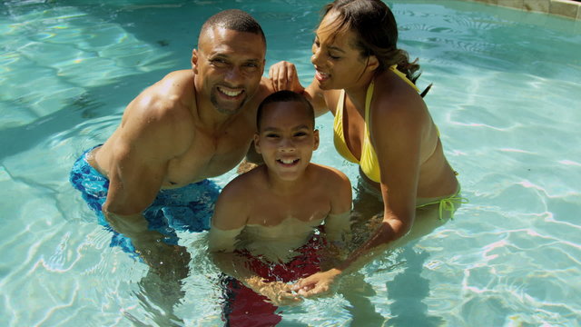 African American Parents Child Swimming Pool Selfie Photo Messaging