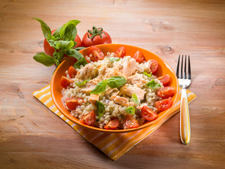 barley risotto with fresh salmon and tomatoes