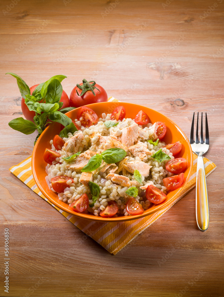 Canvas Prints barley risotto with fresh salmon and tomatoes