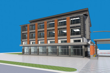 3D render of modern building with blue background 