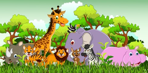 Naklejka premium kreskówka zwierząt z tłem tropikalnego lasu