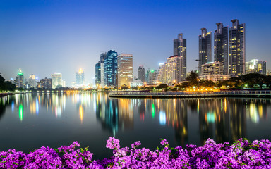 Bangkok city downtown at night with Bougainvillea flower foregro