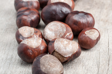 Brown chestnuts on wooden background