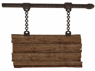 3d Old Wooden Sign-board Hanging on Chains
