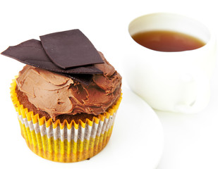 Chocolate fruitcake and cup of tea