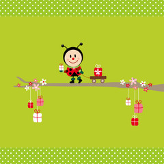 Ladybeetle Gift Pulling Handcart Tree Green Dots