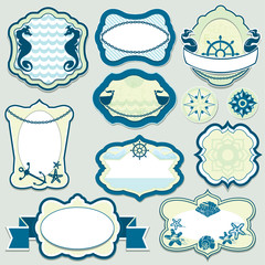 Set of design elements - marine themes frames, badges and labels