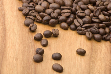 Coffee beans close up on the wood table