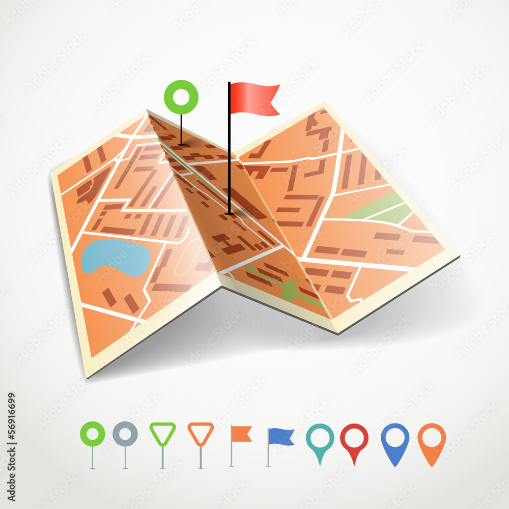 Poster folded abstract city map with collection of color point pins