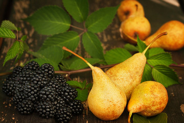 Stilleben mit Birnen und Brombeeren