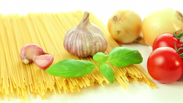 Fresh italian ingredients food, tomato garlic pasta basil onion
