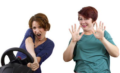 reckless driver and scared female passenger on white background