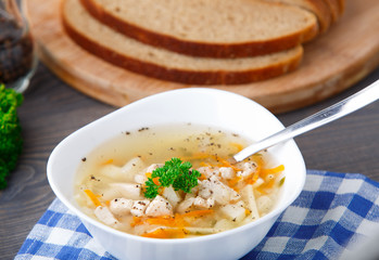 Bowl of chicken soup with vegetables and noodles