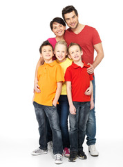 Happy family with two children on white