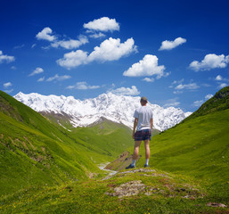 Tourist in the mountains of the Caucasus
