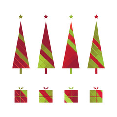 set of christmas trees and gift boxes