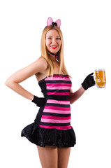 Young waitress with beer on white