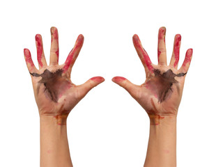 Child hands painted with watercolors, on white background