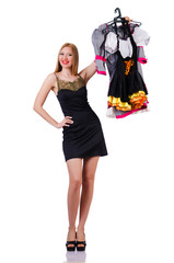 Woman trying new clothing on white