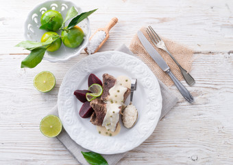 Beef with beetroot and horseradish sauce