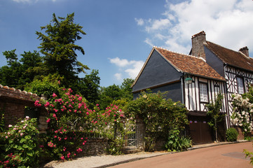 Maison en brique et colombage et rosier à Gerberoy