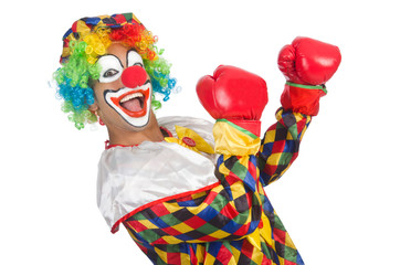 Clown with boxing gloves isolated on white