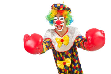 Fototapeta na wymiar Clown with boxing gloves isolated on white