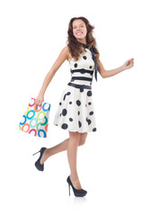 Girl after good shopping on white