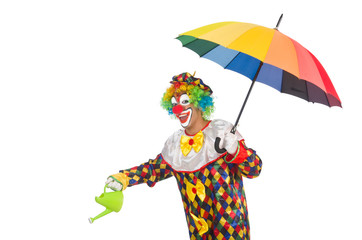 Clown with umbrella on white