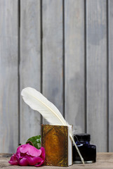 Ancient writer's desk - book, feather, ink and romantic pink peo