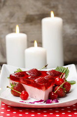 Piece of strawberry cake. Selective focus