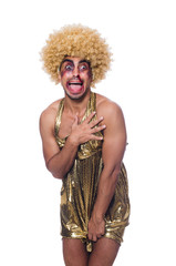 Man wearing woman clothing on white