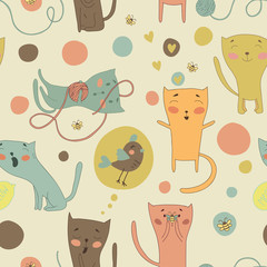 Cartoon cats, bird and toys on a bright background.  © artnis
