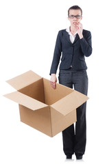 Woman businesswoman with boxes on white