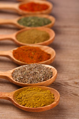 Assortment of spices in wooden spoons on wooden background