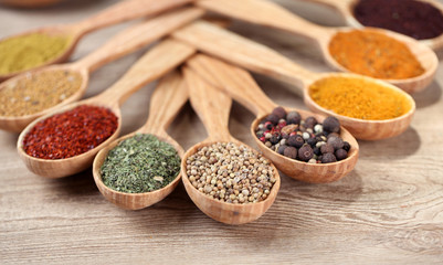 Assortment of spices in wooden spoons on wooden background