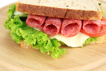 Tasty sandwich with salami sausage and vegetables