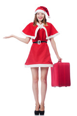 Young woman in red santa costume with suitcase