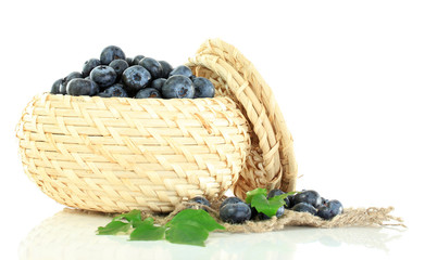 Fototapeta na wymiar Blueberries in wooden basket on sackcloth isolated on white