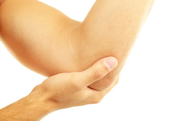 Young man with hand pain, isolated on white