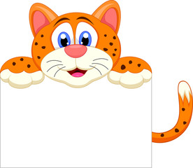 Fototapeta na wymiar Cute cheetah cartoon with blank sign