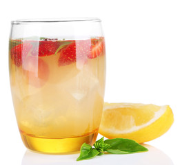 Basil lemonade with strawberry in glass, isolated on white