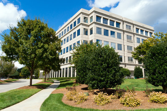 Suburban office building in a generic parkway setting