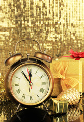 Composition of clock and christmas decorations