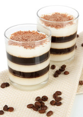 Tasty jelly coffee with milk on table on white background