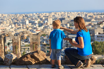 family looking at Athens, Greece