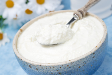 homemade natural yoghurt in a bowl, close-up